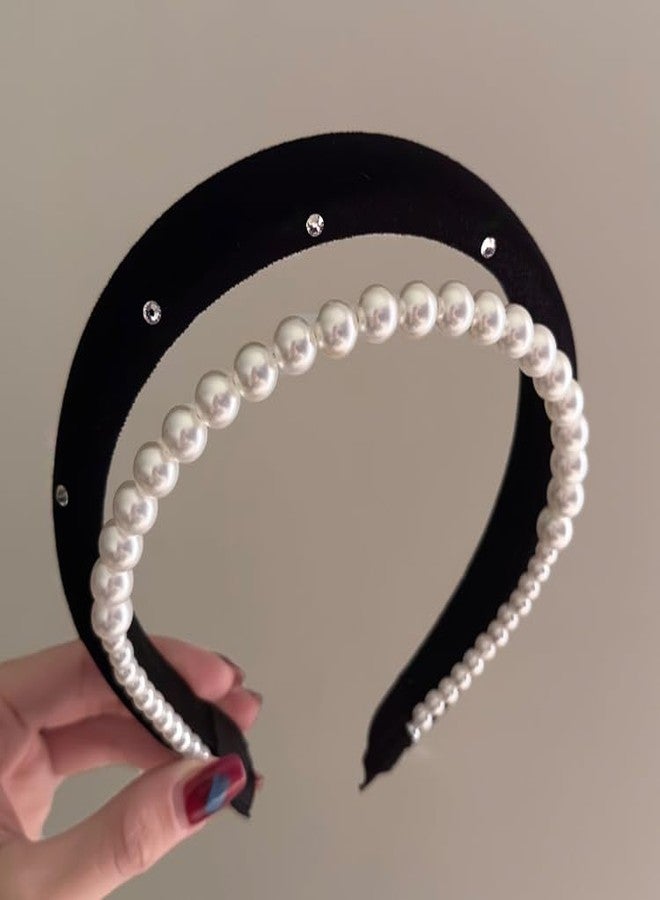 TUCEWP Black Headbands for Women Girls Double Layer Pearl Velvet Headbands Non Slip Soft Thick Padded Headband Sparkly Fall Turban Headband No Teeth Head Bands Hoops Headwear Styling Tools Accessories - Image 4